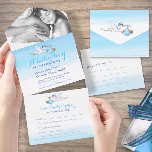 Invitation Tout En Un Baby shower livraison de cigogne aquarelle bleu ph