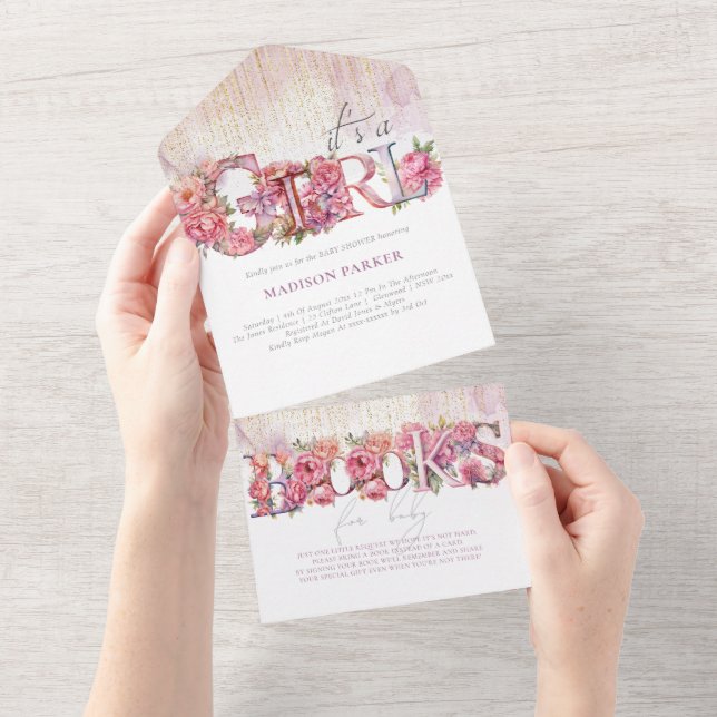 Invitation Tout En Un Baby shower & Livres pour bébé C'est une fille (Déchirure)