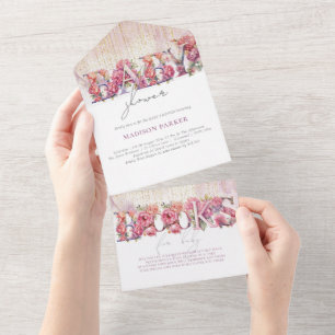 Invitation Tout En Un Baby shower & Livres pour bébé Floral Pink Gold