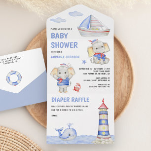 Invitation Tout En Un Baby Shower Marin Élégant Éléphant Mignon Bateau