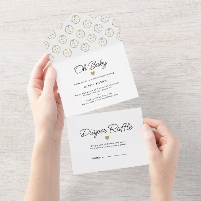 Invitation Tout En Un Baby shower moderne White Gold Oh (Déchirure)