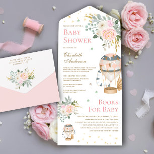 Invitation Tout En Un Baby Shower Montgolfière Rose Pâle Vintage