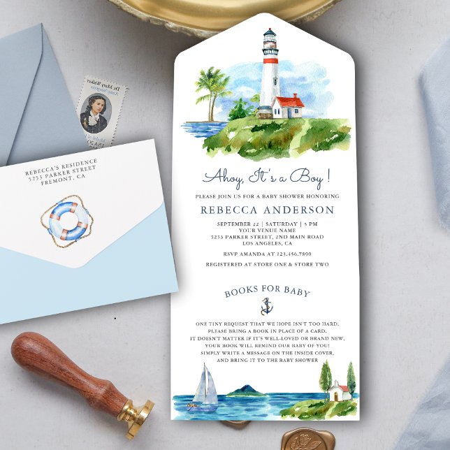 Invitation Tout En Un Baby shower nautique du phare d'aquarelle (Créateur téléchargé)
