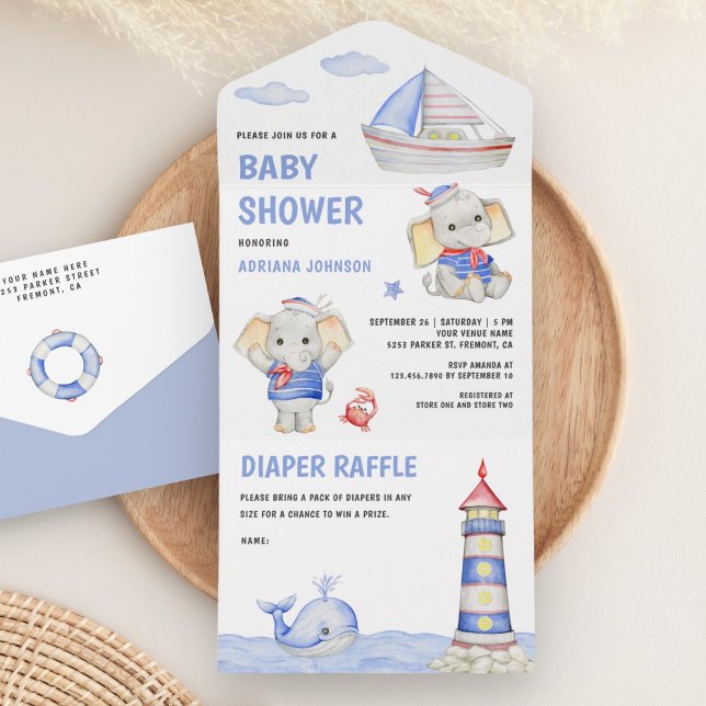 Invitation Tout En Un Baby shower nautique rustique Eléphant mignon (Créateur téléchargé)