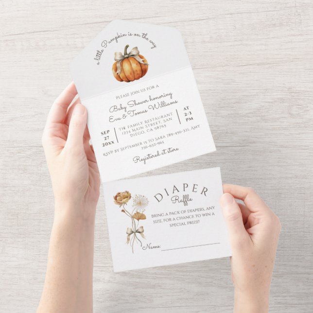 Invitation Tout En Un Baby shower neutre minimal de petit Citrouille (Déchirure)