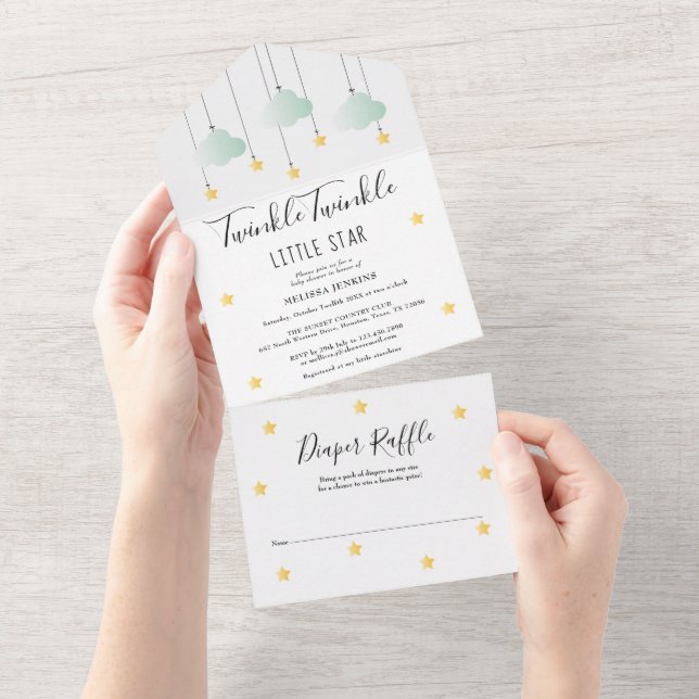 Invitation Tout En Un Baby shower neutre Twinkle Twinkle (Déchirure)