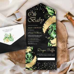 Invitation Tout En Un Baby Shower Or Monstera Tropicale Or Noir Et Or