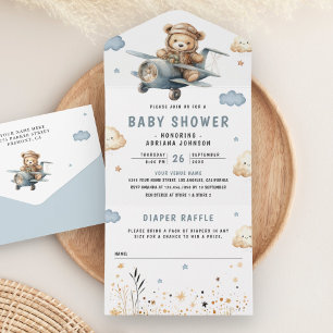 Invitation Tout En Un Baby Shower Ours en peluche neutre avion bleu Bohè