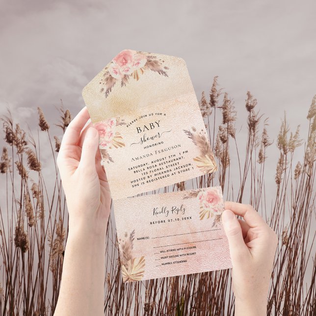 Invitation Tout En Un Baby shower pampas herbe fleurons rose or RSVP (Créateur téléchargé)