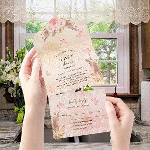 Invitation Tout En Un Baby shower pampas rose papillon d'or fleuri RSVP