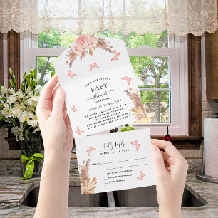 Invitation Tout En Un Baby shower pampas rose papillon d'or fleuri RSVP