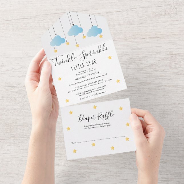 Invitation Tout En Un Baby shower pour garçon bleu Twinkle Sprinkle (Déchirure)