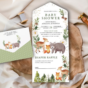 Invitation Tout En Un Baby shower Rustique Bois Forêt Cute Animaux