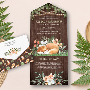 Invitation Tout En Un Baby shower rustique de renard couché bois bois