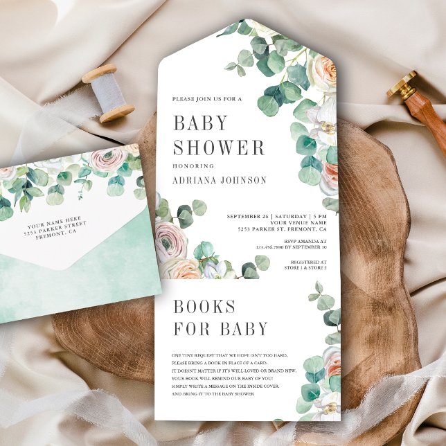 Invitation Tout En Un Baby shower rustique d'eucalyptus Rose doux (Créateur téléchargé)