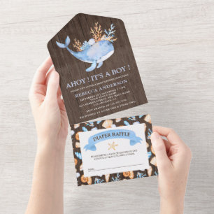 Invitation Tout En Un Baby shower rustique en bois de baleine bleue