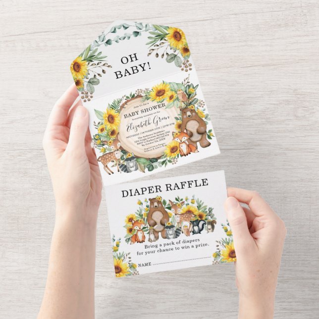 Invitation Tout En Un Baby shower Rustique Tournesol Bois Animaux (Déchirure)