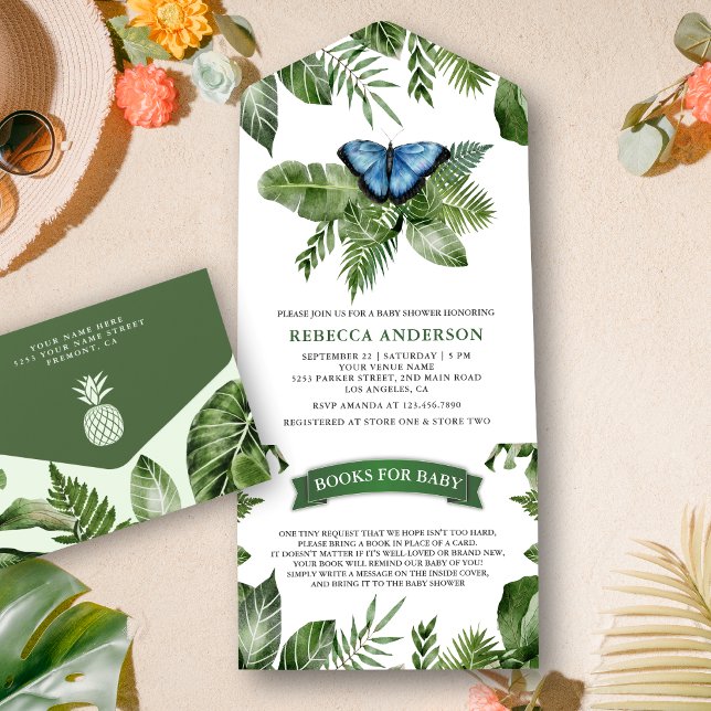 Invitation Tout En Un Baby shower Rustique Tropical Jungle Blue Butterfl (Créateur téléchargé)