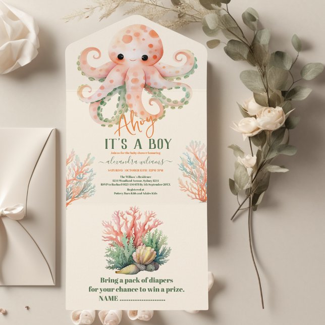 Invitation Tout En Un Baby shower sous-marin d'aquarelle enchanteur (Créateur téléchargé)