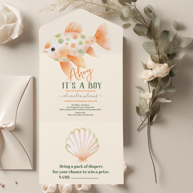 Invitation Tout En Un Baby shower sous-marin d'aquarelle enchanteur (Créateur téléchargé)