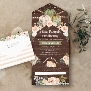 Invitation Tout En Un Baby shower sur le thème floral Bois Péché de pêch