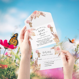 Invitation Tout En Un Baby shower teddy pampas rose floral blanc RSVP