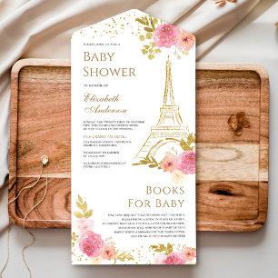 Invitation Tout En Un Baby shower Tour Eiffel rose floral