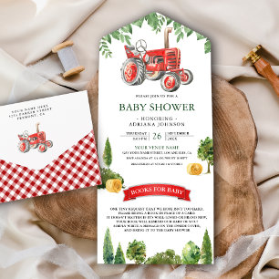 Invitation Tout En Un Baby Shower Tracteur Rouge Rustique de Ferme