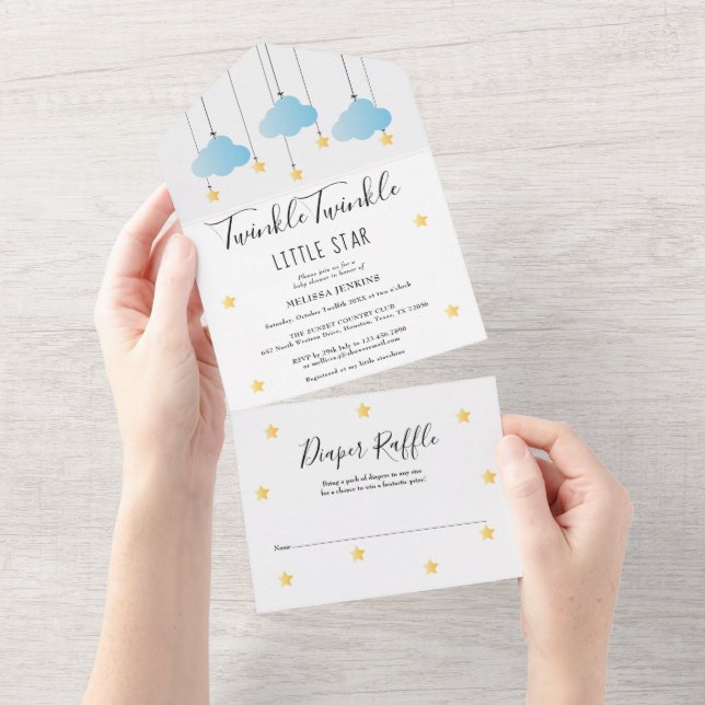 Invitation Tout En Un Baby shower Twinkle Blue Boy (Déchirure)