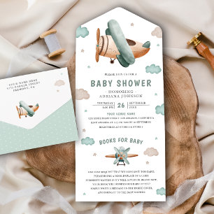 Invitation Tout En Un Baby Shower Vintage Rétro Avion Vert Pilote