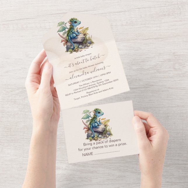 Invitation Tout En Un Baby shower Whimsical Blue Turquoise Dragon (Déchirure)