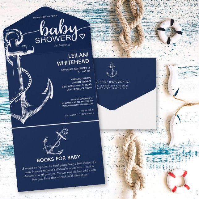 Invitation Tout En Un Baby showers d'Ancres nautiques pour Baby Navy (Créateur téléchargé)