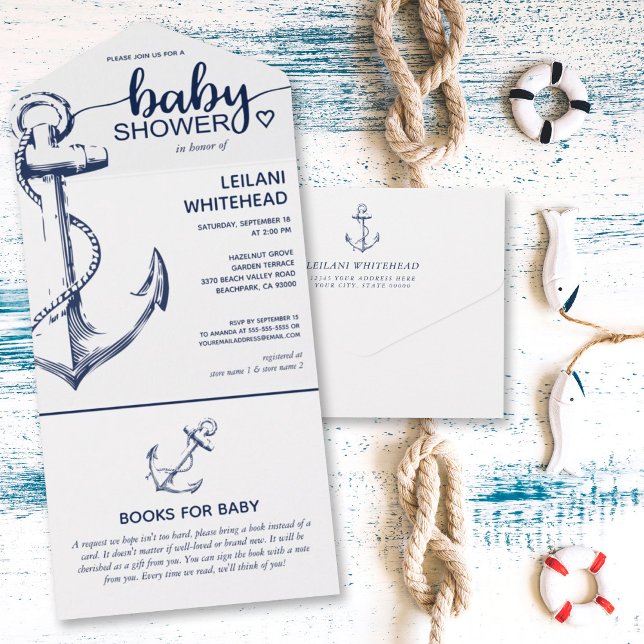 Invitation Tout En Un Baby showers d'Ancres nautiques pour bébé (Créateur téléchargé)