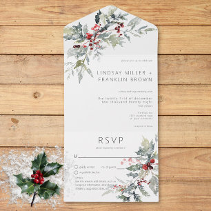 Invitation Tout En Un Baies de houx rustiques d'hiver et détails de neig