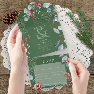 Invitation Tout En Un Baies de pin d'hiver vertes Dîner Eucalyptus