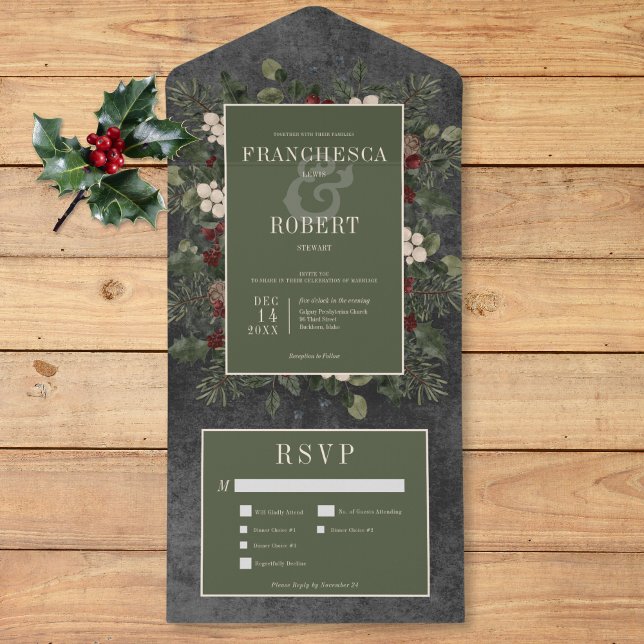 Invitation Tout En Un Baies d'hiver rustiques & Pine Noir Trois Dîners (Rustic Winter Berries & Pine Black Three Dinner All In One Invitation)