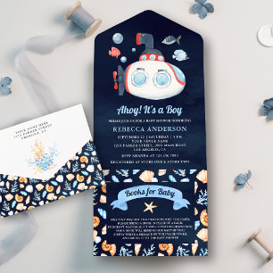 Invitation Tout En Un Baignée de bébé sous-marin mignon bleu marine