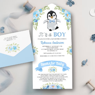 Invitation Tout En Un Bain de bébé Pingouin à l'aquarelle florale bleue