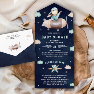 Invitation Tout En Un Bain de bébé Vintage Rétro Avion Pilote Mignon Mar