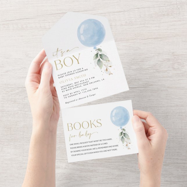 Invitation Tout En Un Balcon Bleu, Eucalyptus, Verdure, Baby shower (Déchirure)