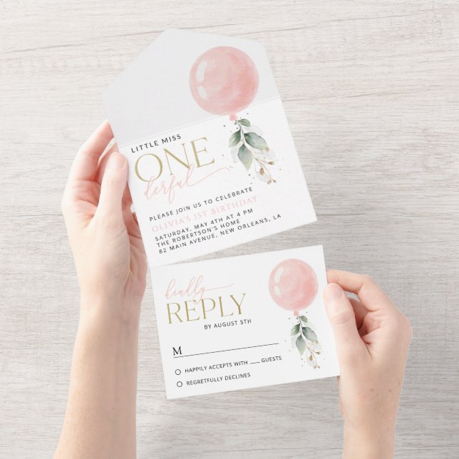 Invitation Tout En Un Balcon rose, Eucalyptus, Verdure, Premier Annivers (Déchirure)