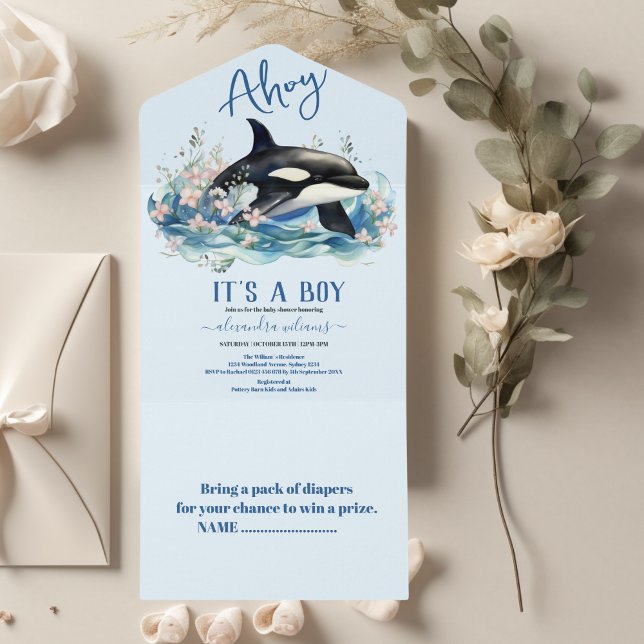 Invitation Tout En Un Baleine aquatique sous le Baby shower marin (Créateur téléchargé)