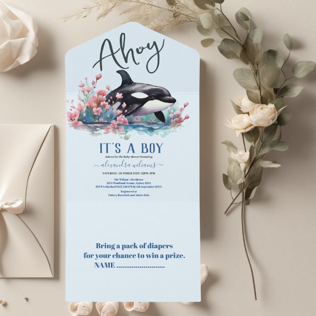Invitation Tout En Un Baleine aquatique sous le Baby shower marin (Créateur téléchargé)