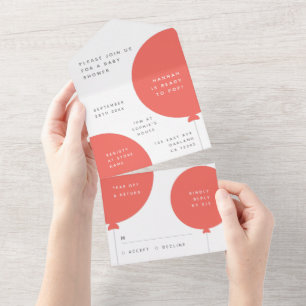 Invitation Tout En Un Ballons baby shower Coral rose minimaliste RSVP