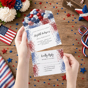 Invitation Tout En Un Ballons rouges blancs bleus anniversaire RSVP