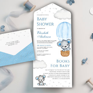 Invitation Tout En Un Baptême de l'ours en peluche bleu en montgolfière