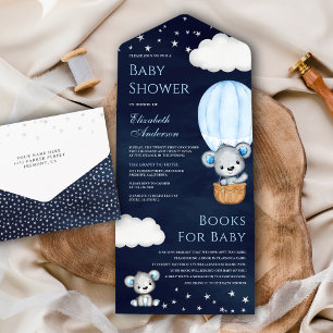 Invitation Tout En Un Baptême Thème Montgolfière Ours en Peluche Bleu Ma