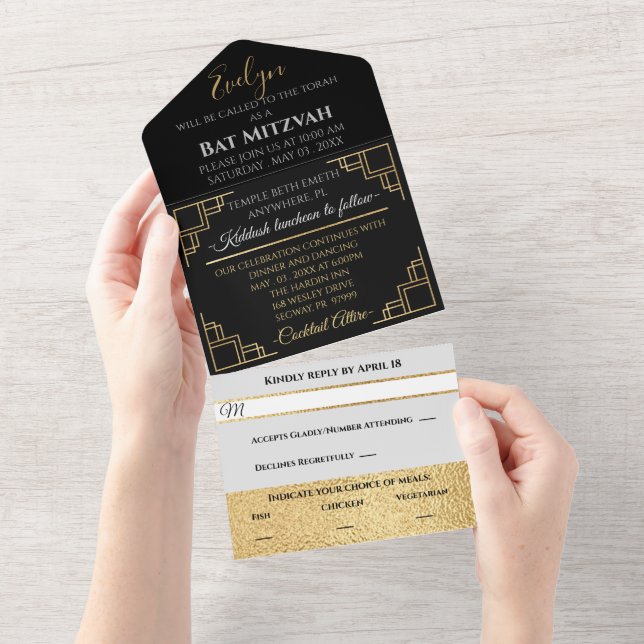 Invitation Tout En Un Bar Bat mitzvah Art déco (Déchirure)