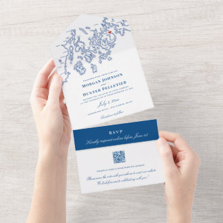 Invitation Tout En Un Bar Harbour Elegant Marine QR Mariage