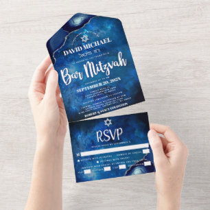Invitation Tout En Un Bar Mitzvah Blue Galaxy Agate Aquarelle Script